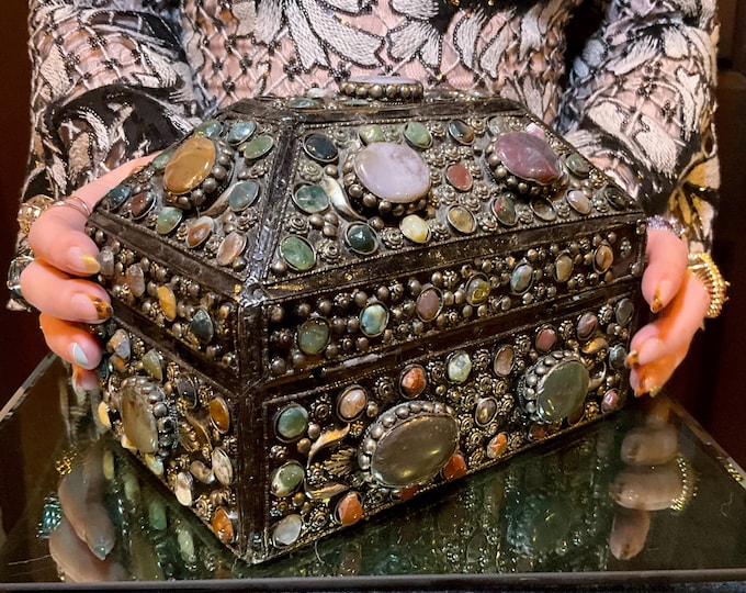 Vintage Agate Inlaid Moroccan Jewelry Box ~ Moorish Dome Top w/ Semi Precious Stones ~ 8" Long Handmade in Morocco