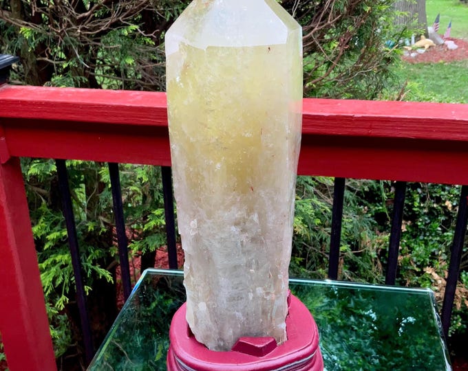 Clear Citrine Quartz Crystal Point ~ 8 Lb. 2 oz. ~ 12" Tall~ Sparkling Yellow with Golden Rainbow Inclusions ~ Custom Hand Carved Stand