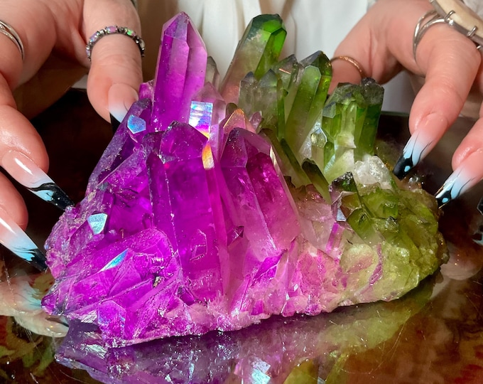 Purple & Green Aura Quartz Crystal Cluster ~ Large 1 Lb. 5 oz. ~ 5 1/2" Long ~ Rainbow Iridescent Electric Points