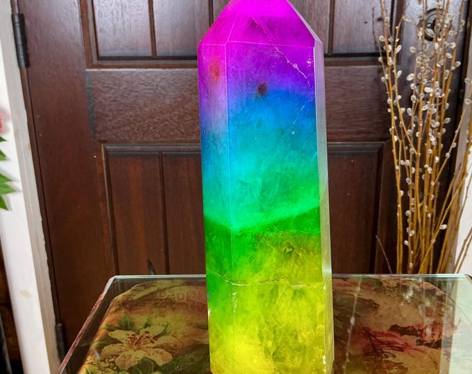 Rainbow Aura Fluorite Crystal Generator ~ Large 5 Lb. 11 oz. ~ 9 1/2" Tall Tower ~ Swirling Purple Green & Yellow Colors