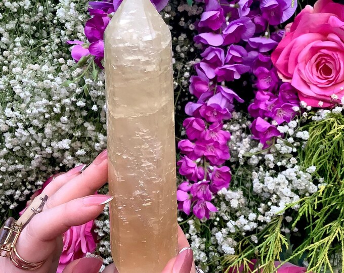 Yellow Calcite Crystal Generator ~ 12 oz.  ~ 6 1/2" Tall ~ Sparkling Rainbow Inclusions ~ Solar Plexus Chakra Reiki Healing Altar Display ~
