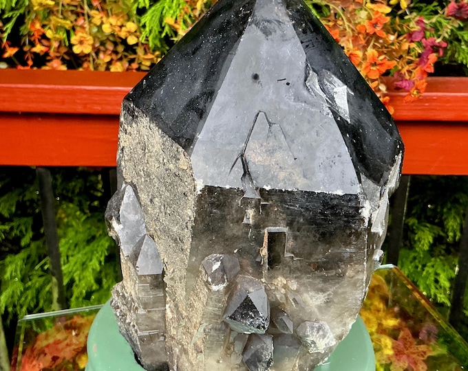Black Morion Quartz Display Crystal 12 Lb. 5 oz.  Single-Terminated Point Cluster ~ 9" Tall ~Natural Black Color ~ Custom Hand Carved Stand