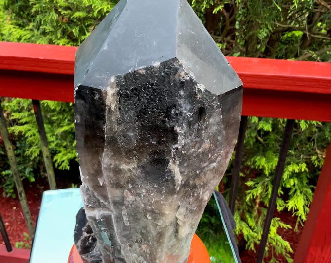 Black Morion Quartz Display Crystal 15 Lb. 5 oz.  Single-Terminated Point Cluster ~12" Tall ~Natural Black Color ~ Custom Hand Carved Stand