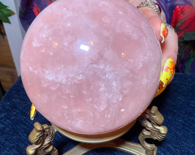 Rose Quartz Crystal Ball with Brass Display Stand ~ Large 3 Lb. 8 oz.3 1/2" Wide ~ Polished Pink Sphere, Reiki Altar Decor, Feng Shui