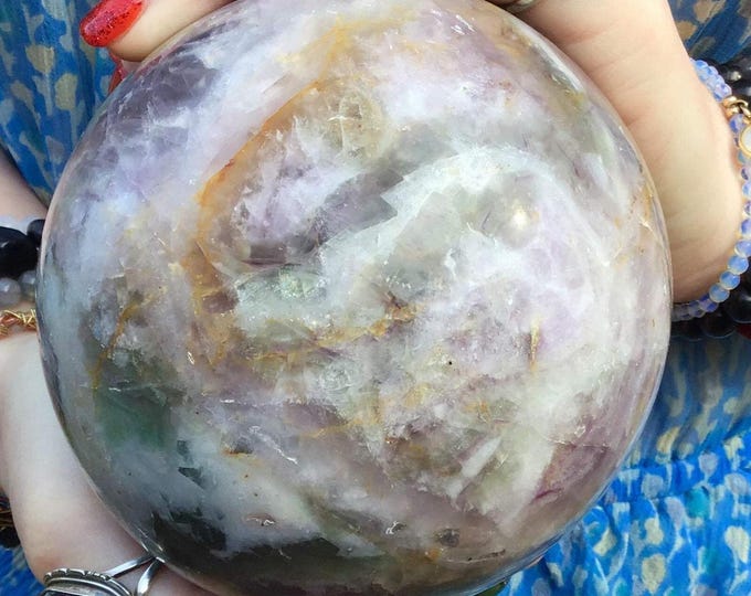 Lavender Purple Fluorite Crystal Ball ~ Large 4 Lb. 9 oz. ~ 4" Wide ~ White, Gold, Green Colors ~ Fast & Free Shipping, USA + Global Ship