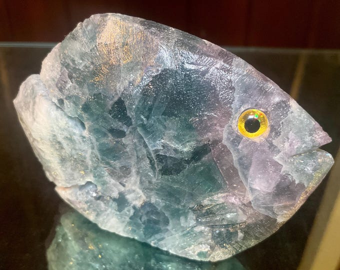 Vintage Fluorite 5 oz. Tropical Fish ~ 3" Long ~ Colorful Swirling Rainbow Green, Purple & White Colors ~ Hand Carved Animal Totem