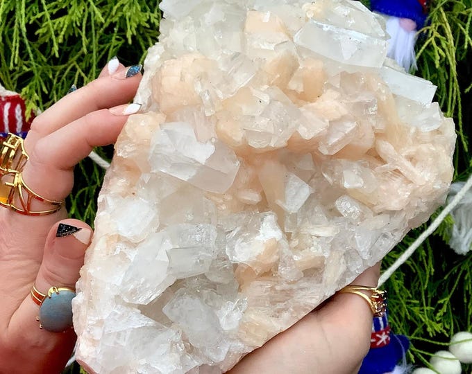 Apophyllite Stilbite Crystal Cluster ~ Large 5 Lb. 8 oz. ~ 8" Long ~ Sparkling Zeolite Specimen ~ Peach, Clear, White Colors ~ Home Decor ~