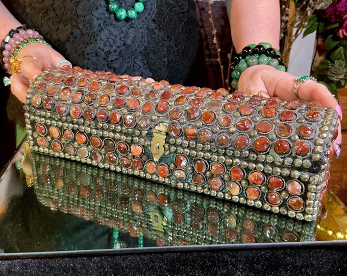 Vintage Carnelian Agate Inlaid Moroccan Jewelry Box ~ Moorish Dome Top w/ Semi Precious Stones ~ 12" Long ~ Handmade in Morocco