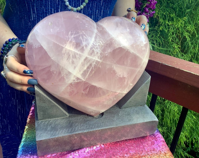 Rose Quartz Crystal Heart ~ Large 24 Lb. ~ 10" Wide with a Free-Standing Custom Display Stand ~ Angelic Baby Pink Colors ~ Fast Shipping