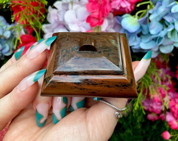 Mahogany Obsidian Crystal Jewlery Box ~ 2" Wide ~ Natural Home Decor Display ~ Swirling Black and Orange Colors ~ Fast & Free Shipping