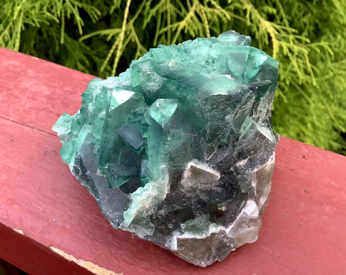 Green Fluorite Crystal Cluster ~ Large 14.9 oz. ~ 3" Long ~ White Feldspar inclusions ~ Cubic Formation ~ Fast & Free Shipping from USA ~