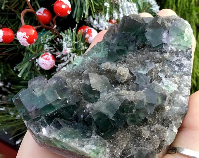 Green Fluorite Crystal Cluster ~ 9 oz. ~ 4 1/2“Long ~ Sparkling Matrix, Cubic Formation ~ Home, Office Decor