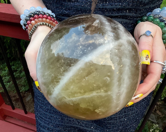 Smokey Citrine Crystal Ball ~ 10 Lb. 6 oz. ~ 6" Wide ~ Natural Golden Yellow Hues ~ White Quartz Bands ~ Stunning Metaphysical Home Decor ~