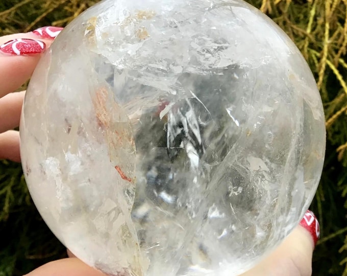 Clear Quartz Crystal Ball ~ 2 Lb. 6 oz. ~ 3 1/2" Wide ~ Red Phantom Inclusions ~ Beautiful Display ~ Reiki, Altar Décor, Feng Shui, Yoga ~