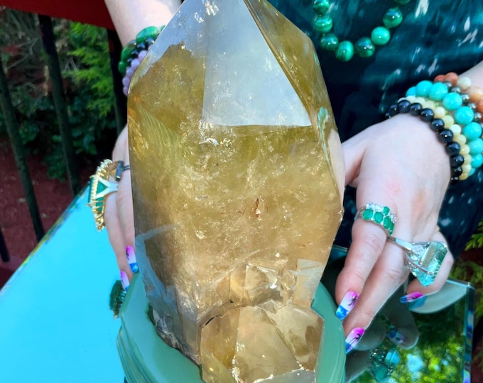 Clear Citrine Quartz Crystal Point ~ 6 Lb.  13 oz. ~ 8" Tall~ Sparkling Yellow with Golden Rainbow Inclusions ~ Custom Hand Carved Stand