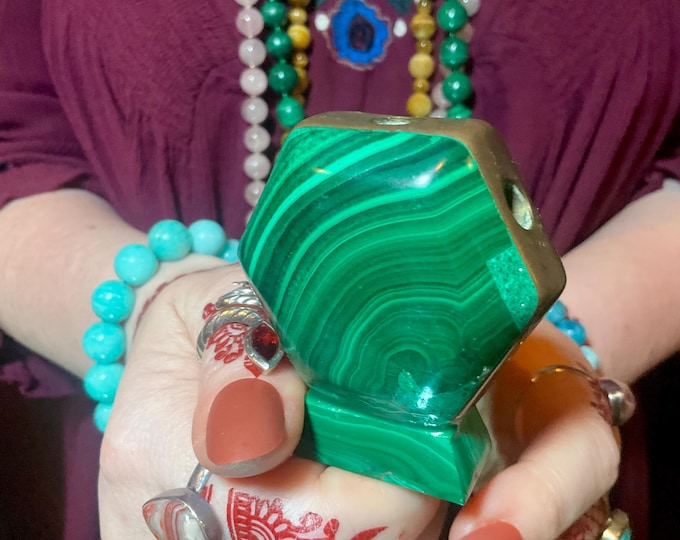 Vintage Malachite French Art Deco Pen Holder ~ 9 oz. ~ 2" Long ~ Hexagon with Brass Trim ~ Hand Made ~ Green Swirling Bullseye Patterns