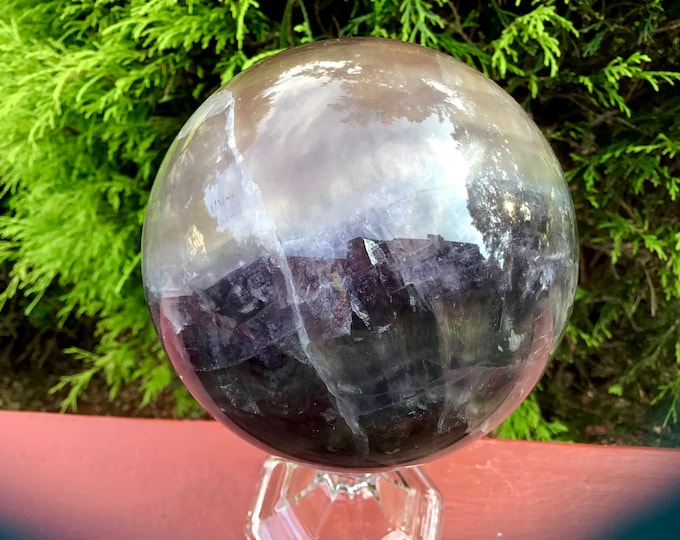 Purple Fluorite Crystal Ball ~ Large 5 lb. Sphere ~ 4" Wide ~ Plum Purple & Peach Pink Colors ~ Beautiful Reiki, Altar, Meditation Display