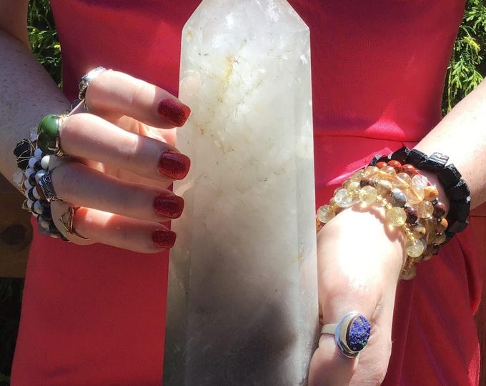 Clear Quartz Crystal Generator ~ Large 2 lb. 11 oz. ~ 8" Tall Smokey Phantom Tower ~ Self Standing Stunning Display Sparkling Inclusions