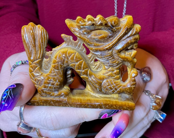 Tigers Eye Dragon Crystal ~ Large 1 Lb. 6 oz. ~ 5" Long ~ Hand Carved Dragon Sculpture ~ Sparkling Colors ~ Fast & Free Shipping, USA ~