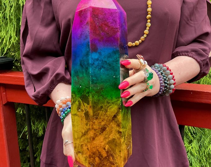 Rainbow Aura Fluorite Crystal Generator ~ 14 lb. ~ 13" Tall Tower ~ Colorful Pink Blue Green Yellow Color ~ Fast & Free Shipping, U.S.A.
