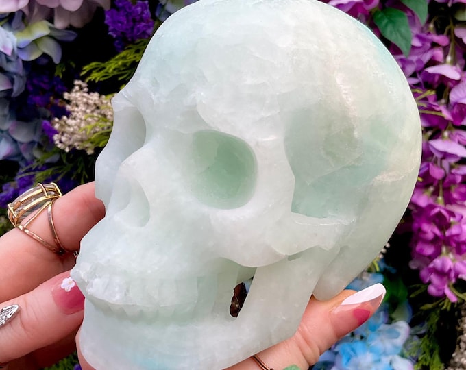 Blue Aragonite Crystal Skull ~ Large 2 Lb. 15 oz. ~ 5" Long ~ Hand Carved Sparkling Blue & White Crystal Sculpture ~ Fast Free Shipping