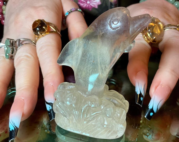 Fluorite Dolphin 4 oz. ~ Vintage Hand Carved Spirit Animal Totem 3" Long - Sparkling Clear Crystal Sculpture ~ Fast & Free Shipping, USA