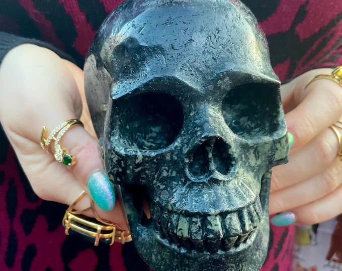 Black Tourmaline Red Garnet Crystal Skull ~ Large 3 Lb. 9 oz. ~ 5" Long ~ Swirling Colorful Red & Black Inclusions ~ Expertly Hand Carved