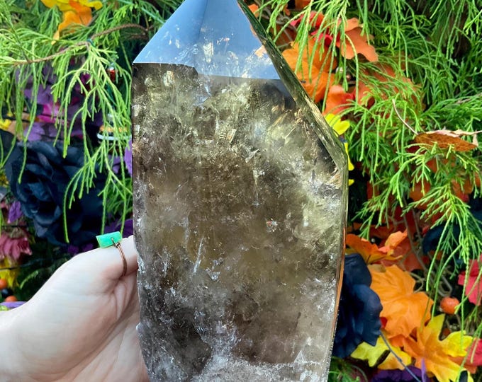 Large Golden Smoky Quartz Crystal Generator: Rainbow Inclusions, Metaphysical Decor
