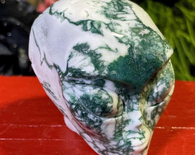 CLEARANCE ~ Moss Agate Crystal Mini Skull ~ 5 oz. ~ 2" Long ~ Swirling Green & White Colors ~ Expertly Hand-Carved Display Sculpture