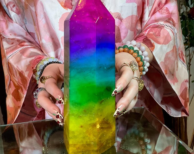 Rainbow Aura Fluorite Crystal Generator ~ Large 5 Lb. 13 oz. ~ 9" Tall Tower ~ Swirling Purple Green & Yellow Colors ~ Fast, Free Shipping
