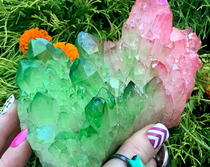 Pink & Green Aura Quartz Crystal Cluster ~ Large 1 Lb. 12 oz. ~ 6" Long ~ Heart Chakra Reiki Healing Altar Display ~ Metaphysical Home Decor