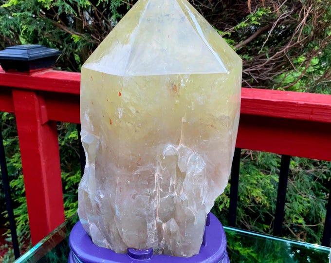 Clear Citrine Quartz Crystal Point ~ 8 Lb.  4 oz. ~ 9" Tall~ Sparkling Yellow with Golden Rainbow Inclusions ~ Custom Hand Carved Stand