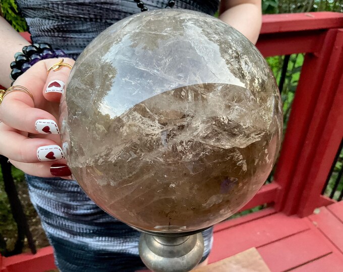 Smokey Quartz Crystal Ball ~ Large 11 Lb. ~ 6" Wide ~ Golden Clear Transparent Sparkling Inclusions ~ Big Polished Sphere~ Beautiful Display