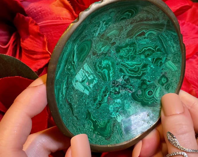 Vintage Malachite 4" Jewelry Dish: 4 oz. Hand Carved Green Stone, Brass Trim