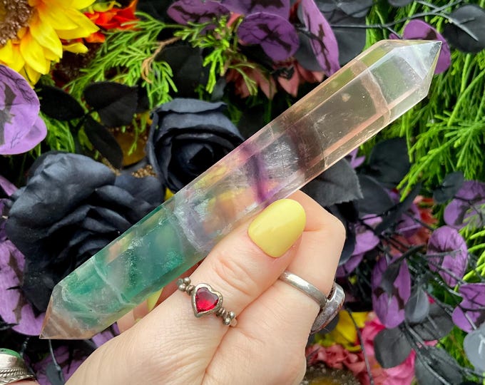 Rainbow Fluorite Double Terminated Wand ~ Large 3.9 oz. ~ 6" Long ~ Clear, Green, Purple ~ Fast & Free Shipping, USA + Global Shipping