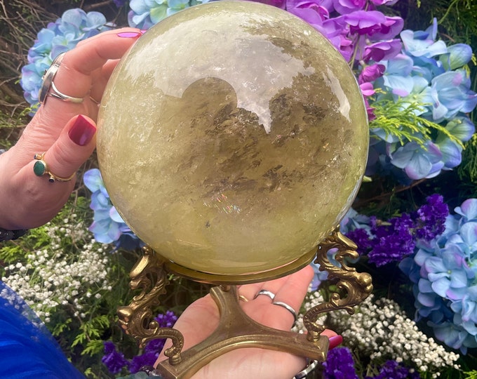 Large Polished Citrine Quartz Sphere, Brass Stand, Altar Display (12 Lb, 6" Wide)