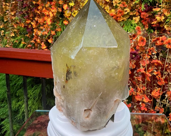 Clear Citrine Quartz Crystal Point ~ 9 Lb. 14 oz. ~ 8" Tall~ Sparkling Yellow with Golden Rainbow Inclusions ~ Custom Hand Carved Stand