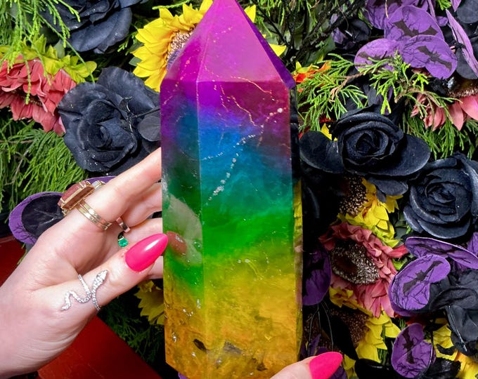 Rainbow Aura Fluorite Crystal Generator ~ 4 lb. 10 oz.~ 8" Tall Tower ~ Colorful Pink Blue Green Yellow Color ~ Fast Free Shipping U.S.A.