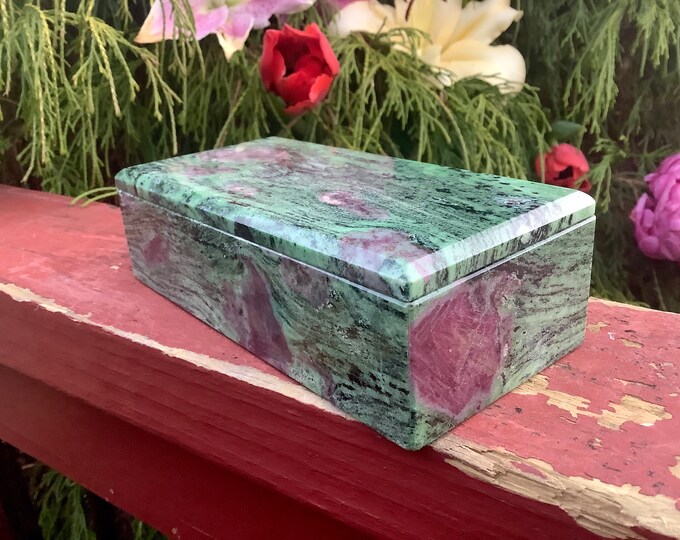 Ruby Zoisite Crystal Jewelry Box with Lid ~ 5 1/2" Long ~ Vintage, Handmade from Tanzania ~ Swirling Red Ruby & Green Zoisite Colors ~