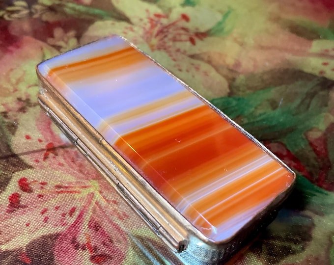 Banded Agate Carnelian Pill Box with Lid ~ 2 1/2" Long Two-Sided Vintage Antique Display Box ~ Swirling Red with White Stripes