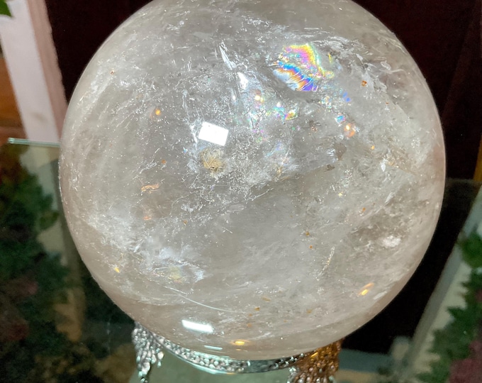 Clear Quartz Crystal Ball 5 Lb. 12 oz. w/ Display Stand ~ 5" Wide ~ Stunning Rainbow Inclusions, Silver Flashes