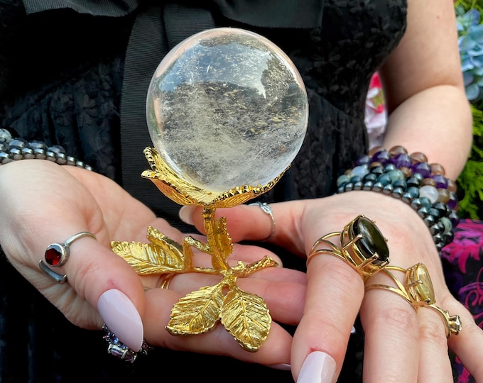 Clear Quartz Crystal Ball ~ 6 oz. ~ 2" Wide ~ w/ Golden Leaf Display Stand ~ Reiki, Altar, Feng Shui, Meditation ~ Fast & Free Shipping, USA