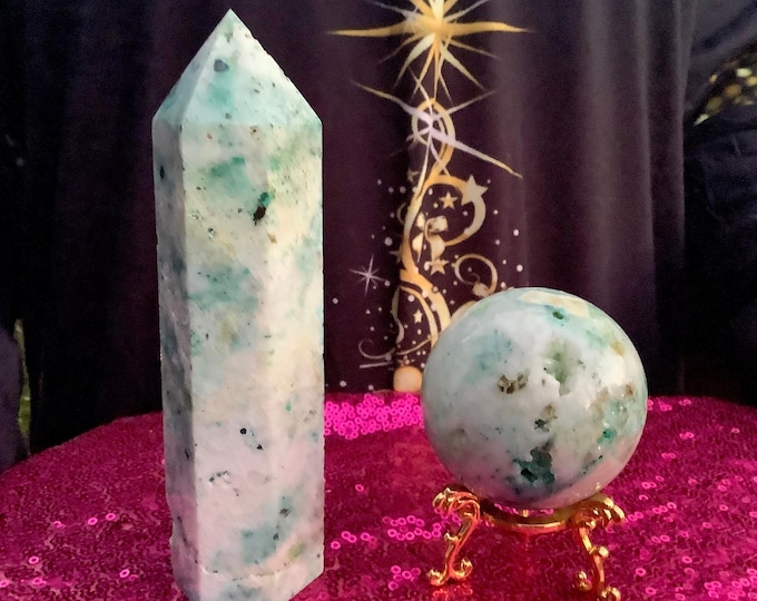 Chrysocolla Crystal Tower & Ball with Stand ~ Crystal Gift Set ~ Generator and Sphere Display ~ Free Gift-Wrapping ~ Fast and Free Shipping