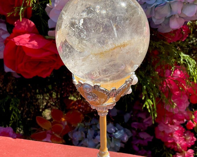 Clear Quartz Crystal Ball ~ 1 Lb. 5 oz.~ 3" Wide Sphere ~ Ornate Silver & Pearl Display Stand ~ Reiki, Altar, Feng Shui ~ Fast Shipping