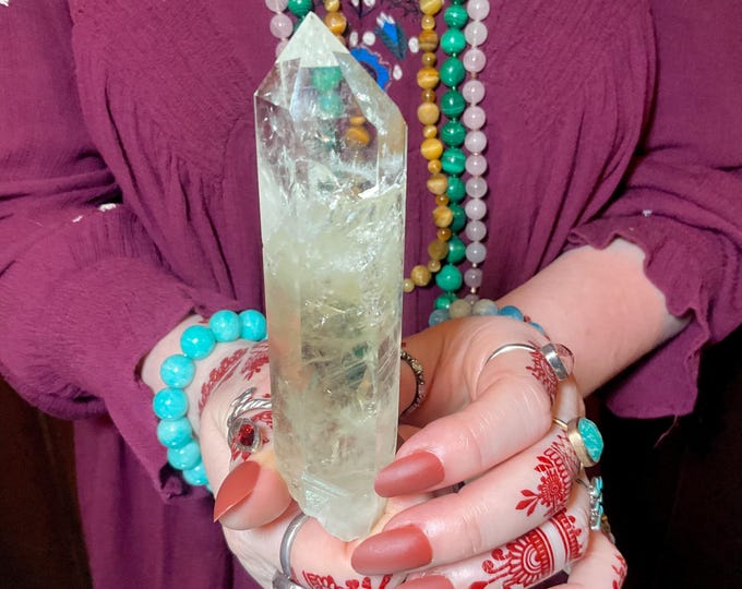 High Altitude Himalayan Citrine Quartz Crystal Wand ~ Large 5 oz. ~ 5" Long ~ Clear Natural Yellow Color, Sparkling Rainbow Inclusions