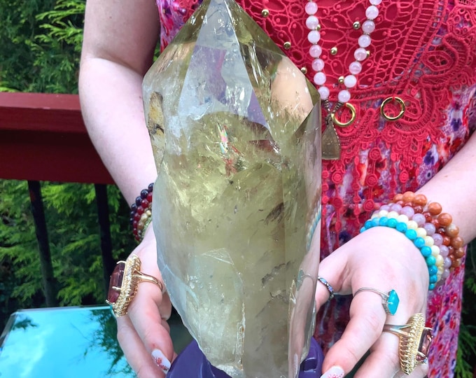 Clear Citrine Quartz Crystal Point ~ 4 Lb.  10 oz. ~ 8" Tall~ Sparkling Yellow with Golden Rainbow Inclusions ~ Custom Hand Carved Stand