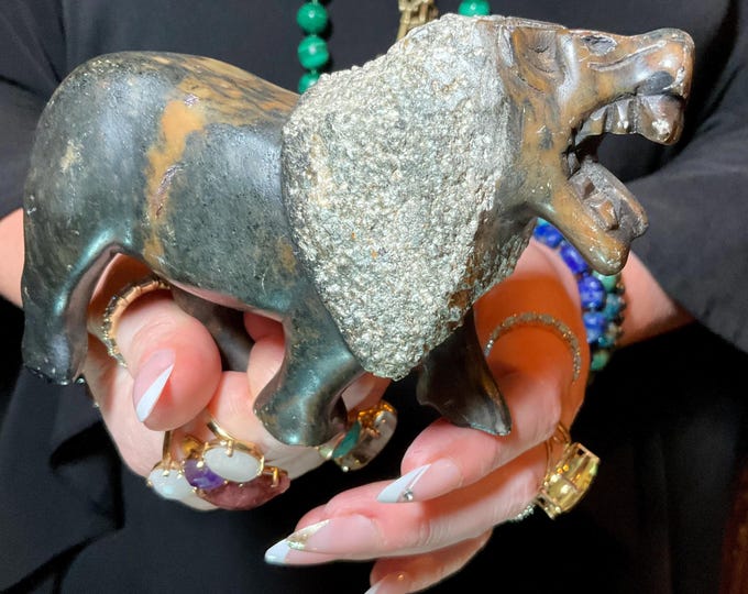 Serpentine African Lion 1 Lb. 3 oz. ~ 5" Long ~ Vintage Hand Carved Zimbabwean Sculpture ~ Swirling Natural Earth Colors ~ Museum Quality