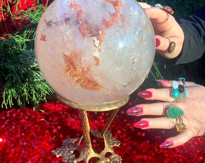 Clear Quartz Crystal Ball ~ Large 9 lb. 9 oz. ~ 6" Wide Sphere ~ Decorative Antique Ball Display Stand ~ Sparkling Red Phantom Inclusions