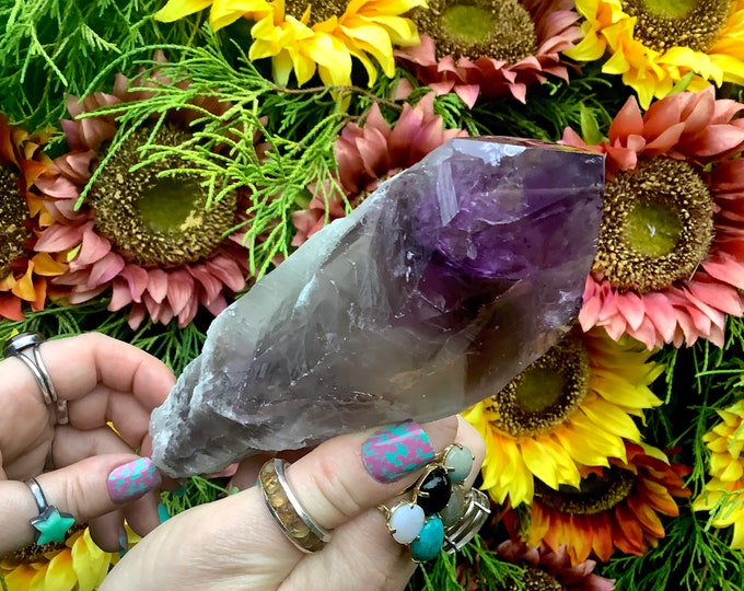 Amethyst Crystal Wand ~ Large 1 Lb. ~ 8" Long ~ Naturally Sparkling Violet Purple Colors ~ Citrine Inclusions ~ Rare Ametrine Quartz Point ~