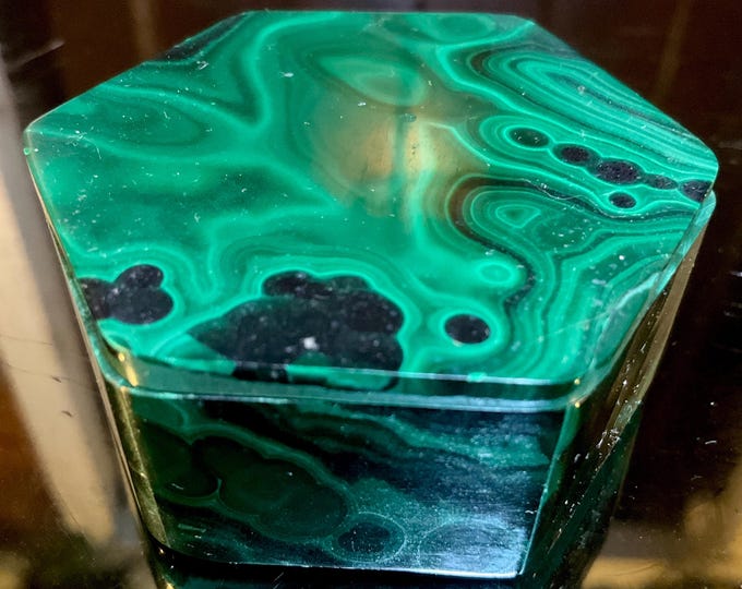 Malachite Jewelry Box with Lid~ 2" Long ~ Handmade from Congo ~ Vintage Antique Hexagon Display ~ Swirling Green & Black Bullseye Pattern